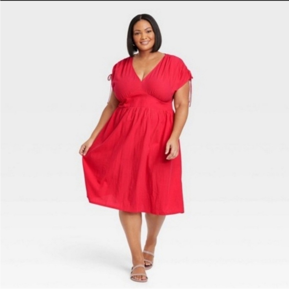 Ava & Viv Red Dress Size 1X smocked stretch waist drawstring sleeve tie midi
